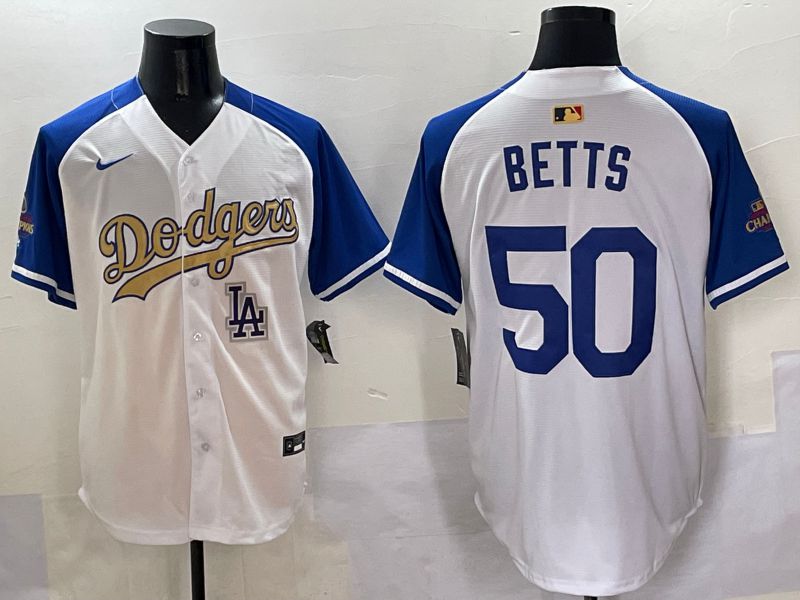 Men Los Angeles Dodgers #50 Betts White Blue Champion gold character Nike 2025 MLB Jersey style 5059->los angeles dodgers->MLB Jersey